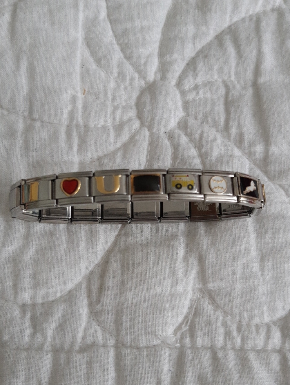 Stainless Steel Italian Charm Bracelet with Heart and Icon Links